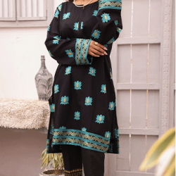 Straight Black Kurti with blue Embroidered Flower Work